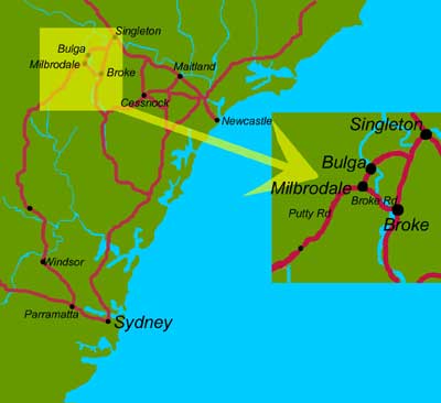 Milbrodale Location in relation to Sydney and Newcastle